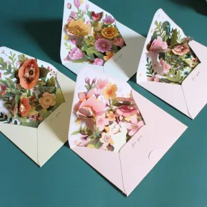 Romantic Flower Birthday Christmas Card 3D Pop-up with Envelope Greeting Cards Paper Valentines Gifts