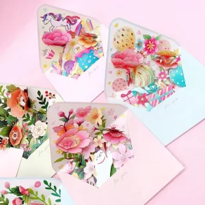 Romantic Flower Birthday Christmas Card 3D Pop-up with Envelope Greeting Cards Paper Valentines Gifts